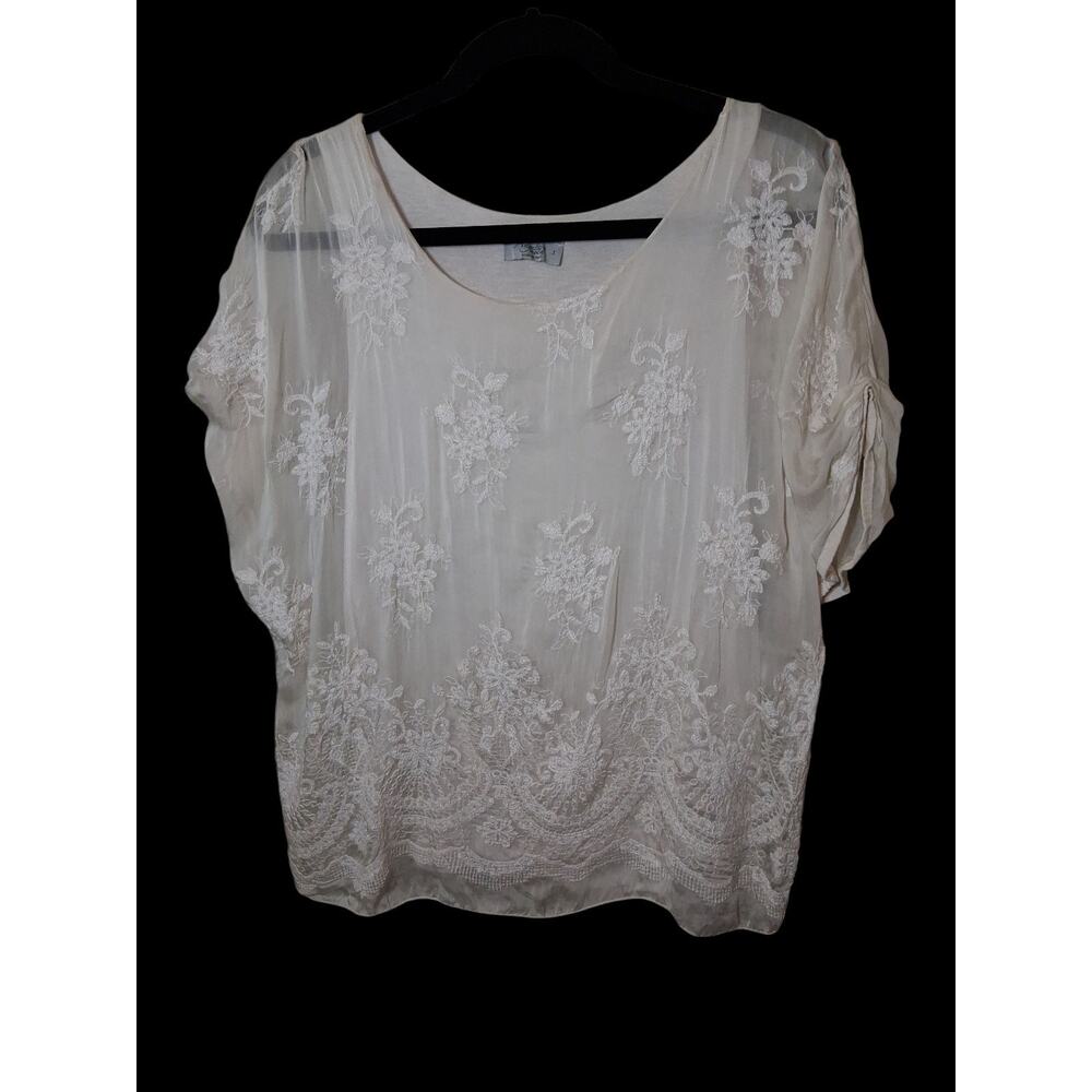 Angela Moda Italy Ivory Silk Blend Floral Embroidered Blouse Small Cottagecore